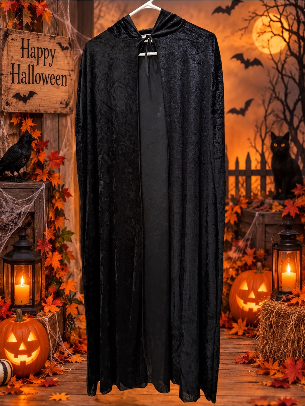 Black Velvet Hooded Cloak - Women Jackets & Coats